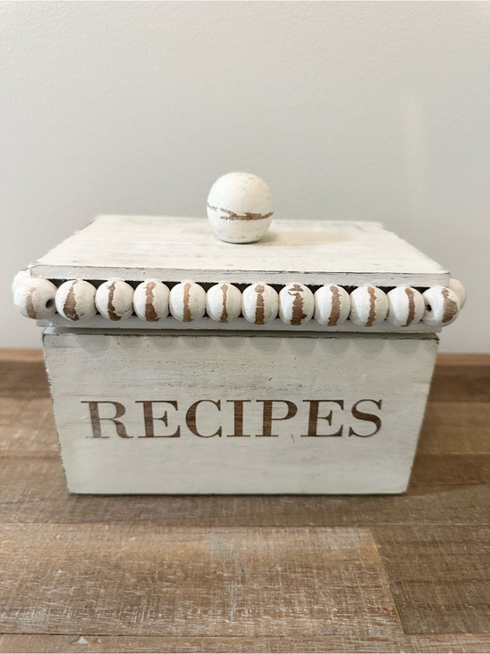 Mud Pie Other - Mud Pie White Beaded Recipe Box White-Washed Beaded Mango Wood 7.5 x 4.5 x 5